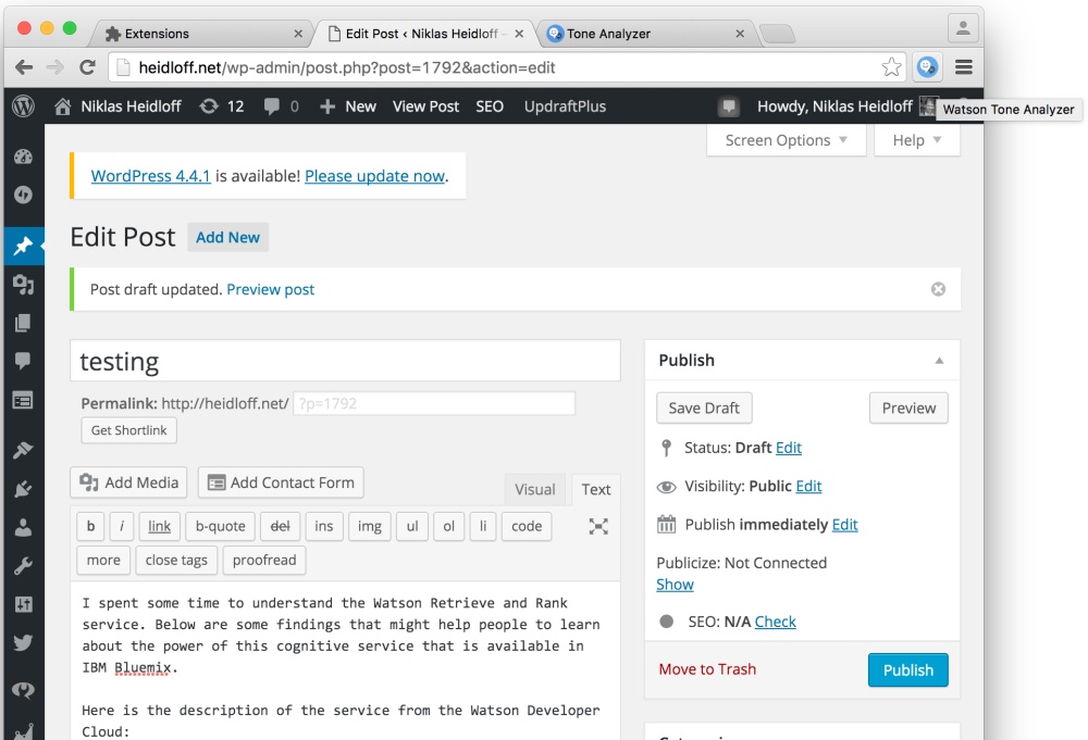 Sample the Watson Tone Analyzer WordPress Niklas Heidloff