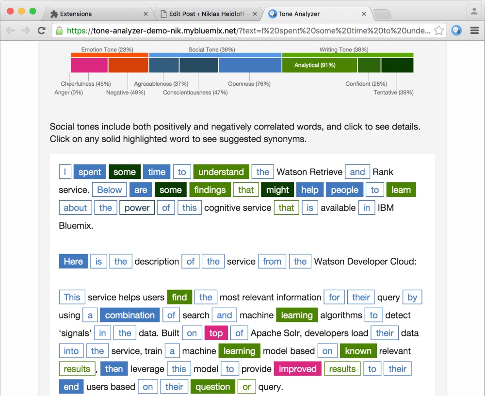 Sample the Watson Tone Analyzer WordPress Niklas Heidloff